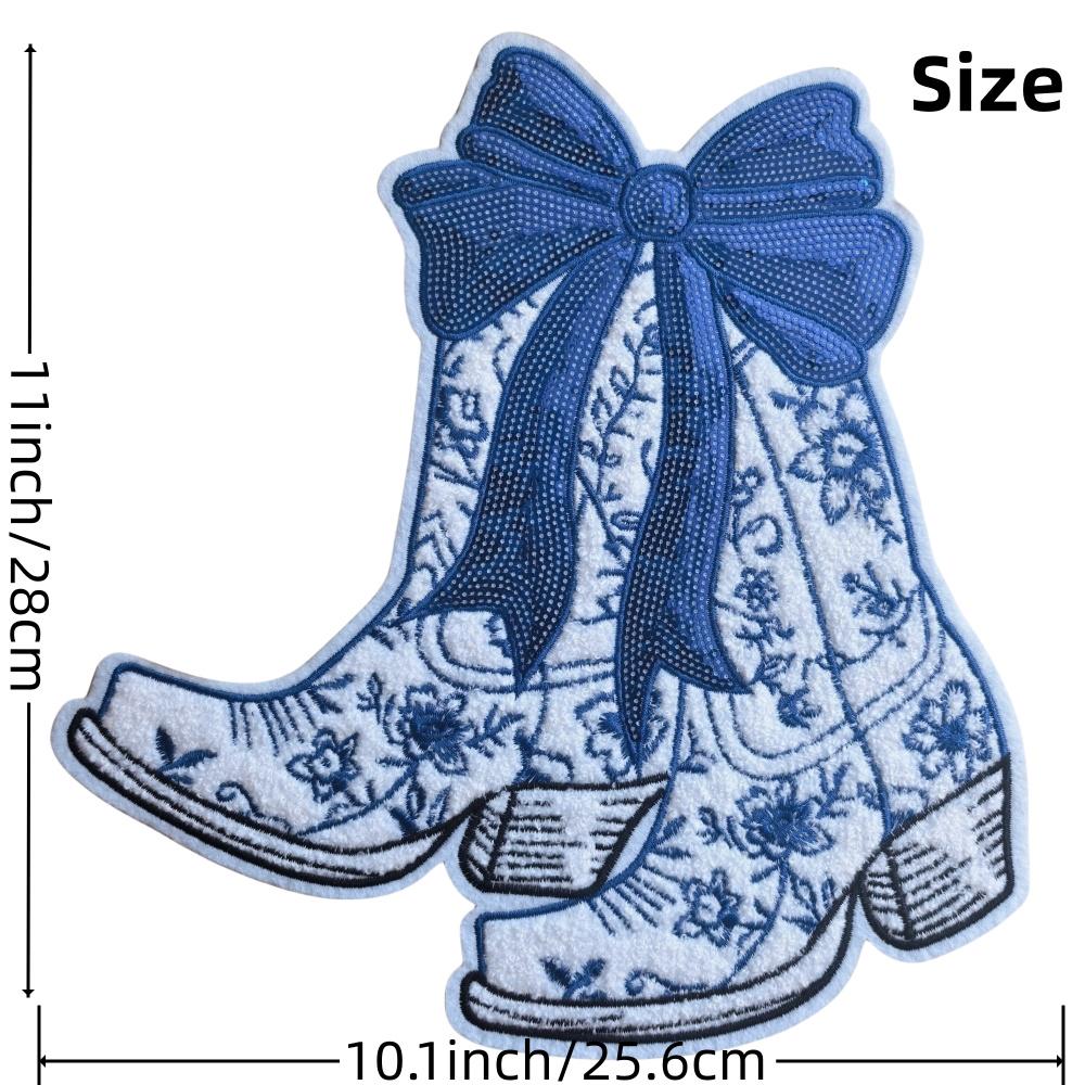 Blue Cowboy Boot Sequin Bow Patch